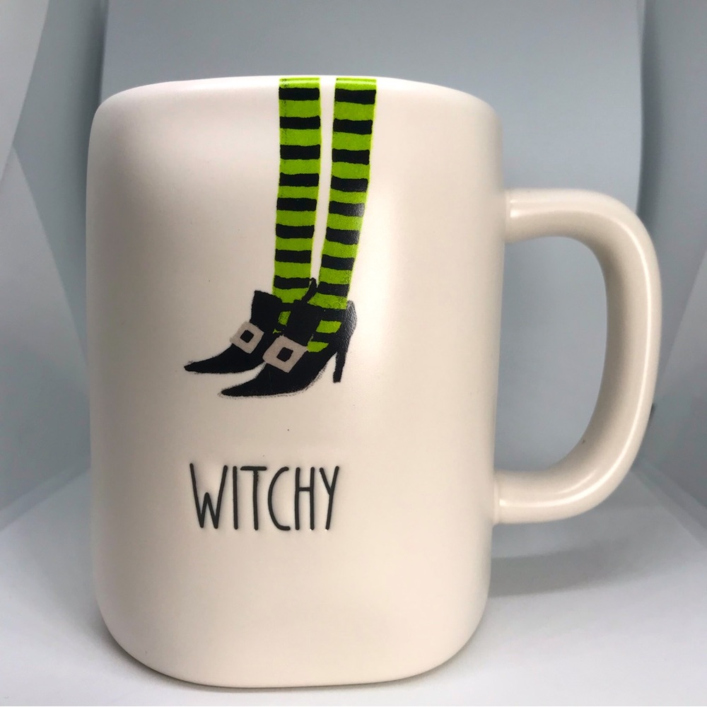 Rae Dunn Witchy Witch Mug Stripe Green Black Legs Shoes Artisan Collection NEW